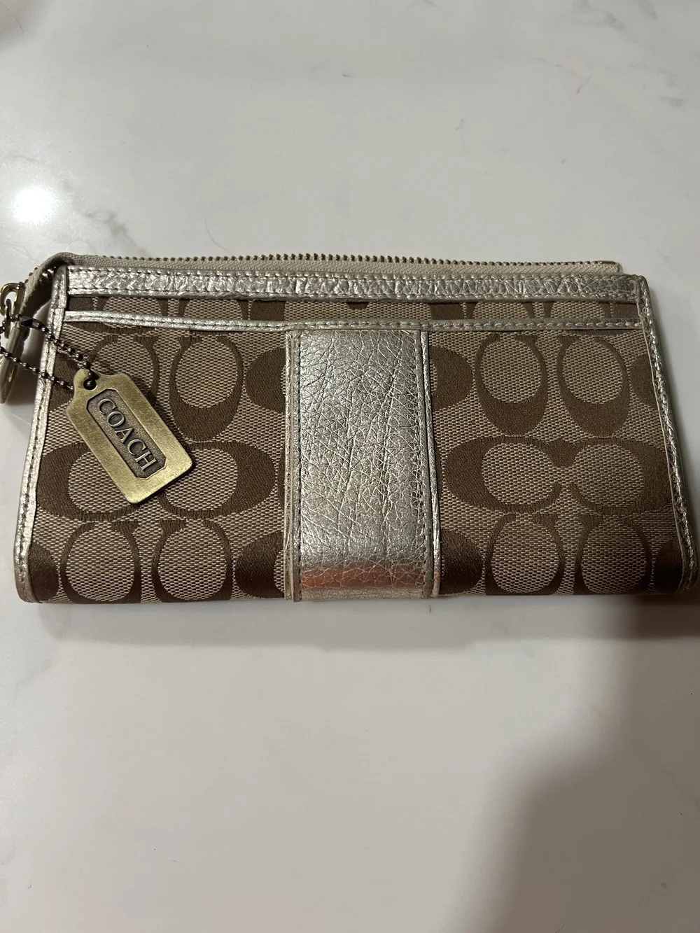Coach Metallic Trim Signature Canvas Wristlet - Brown/Gold